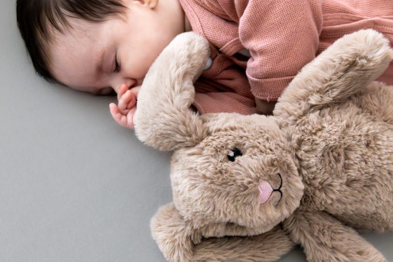 Ein schlafendes Baby liegt neben einem großen, flauschigen Hasen.