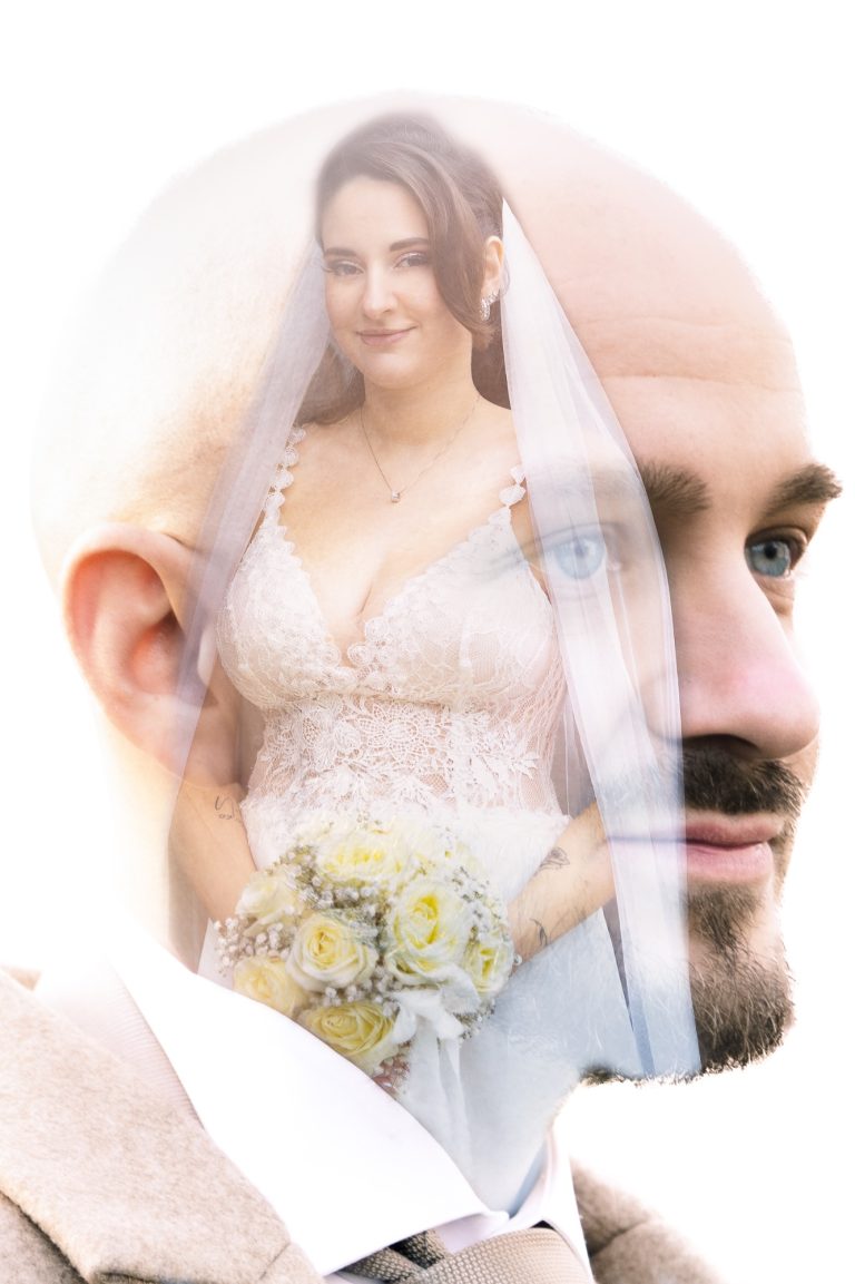 Doppelte Belichtung: Gesicht eines Mannes mit dem Bild einer Braut im Hintergrund.